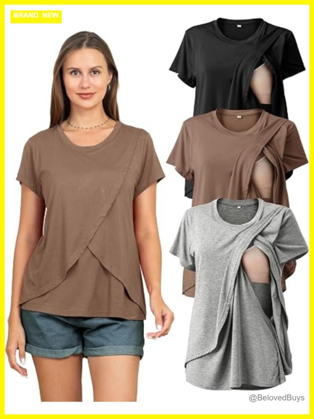 3 Pack Nursing Tops Short Sleeve Breastfeeding Tees Double Layer